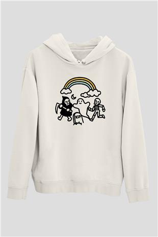 Halloween Baskılı Beyaz Unisex Kapüşonlu Sweatshirt