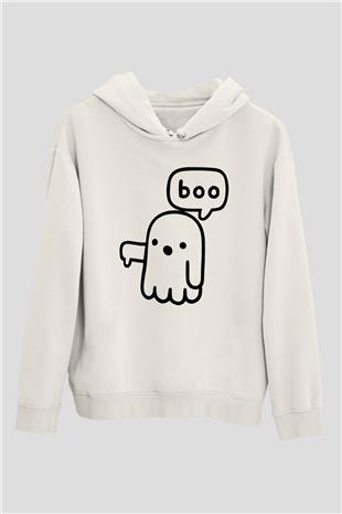 Halloween Baskılı Beyaz Unisex Kapüşonlu Sweatshirt