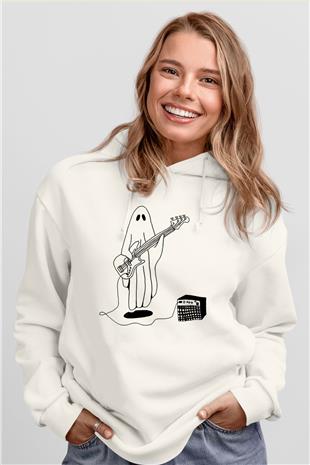 Halloween Baskılı Beyaz Unisex Kapüşonlu Sweatshirt