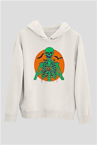 Halloween Baskılı Beyaz Unisex Kapüşonlu Sweatshirt