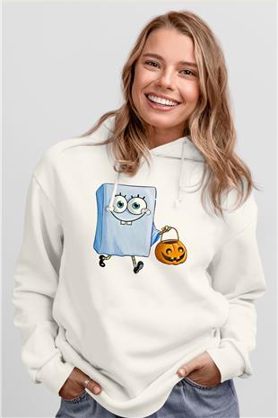 Halloween Baskılı Beyaz Unisex Kapüşonlu Sweatshirt