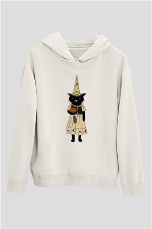 Halloween Baskılı Beyaz Unisex Kapüşonlu Sweatshirt