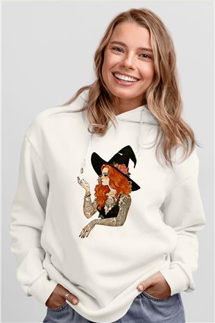 Halloween Baskılı Beyaz Unisex Kapüşonlu Sweatshirt
