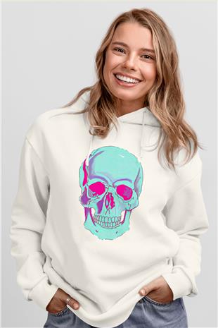 Halloween Baskılı Beyaz Unisex Kapüşonlu Sweatshirt