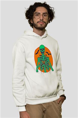 Halloween Baskılı Beyaz Unisex Kapüşonlu Sweatshirt