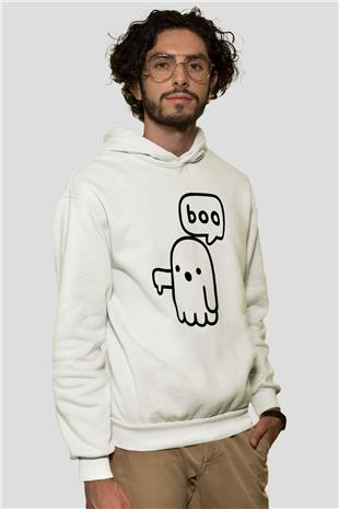 Halloween Baskılı Beyaz Unisex Kapüşonlu Sweatshirt