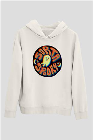 Halloween Baskılı Beyaz Unisex Kapüşonlu Sweatshirt