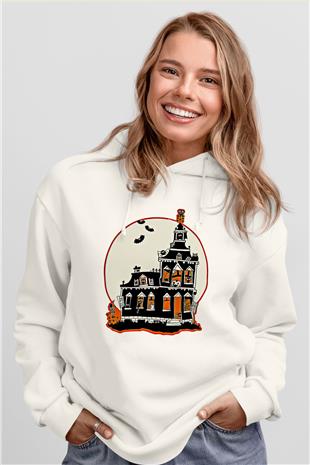 Halloween Baskılı Beyaz Unisex Kapüşonlu Sweatshirt