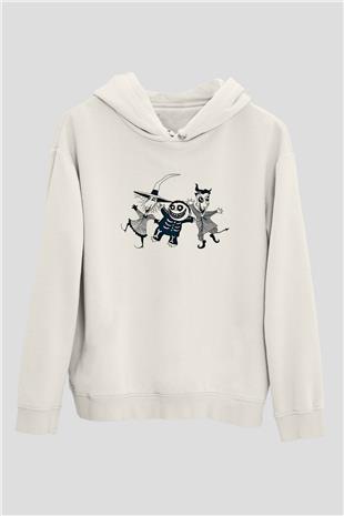 Halloween Baskılı Beyaz Unisex Kapüşonlu Sweatshirt