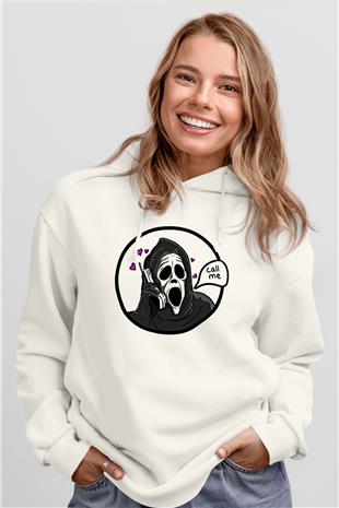Halloween Baskılı Beyaz Unisex Kapüşonlu Sweatshirt