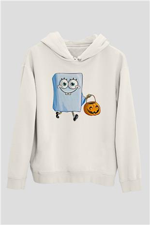 Halloween Baskılı Beyaz Unisex Kapüşonlu Sweatshirt