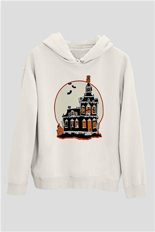 Halloween Baskılı Beyaz Unisex Kapüşonlu Sweatshirt