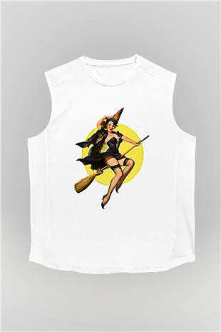 Halloween Baskılı Beyaz Unisex Kolsuz Tişört - Tshirt