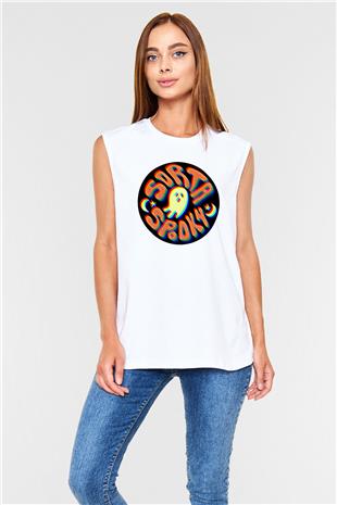 Halloween Baskılı Beyaz Unisex Kolsuz Tişört - Tshirt