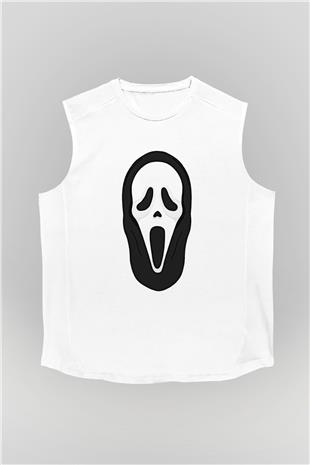 Halloween Baskılı Beyaz Unisex Kolsuz Tişört - Tshirt