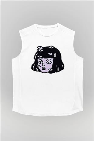 Halloween Baskılı Beyaz Unisex Kolsuz Tişört - Tshirt