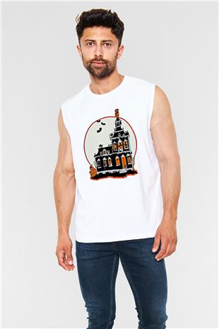 Halloween Baskılı Beyaz Unisex Kolsuz Tişört - Tshirt