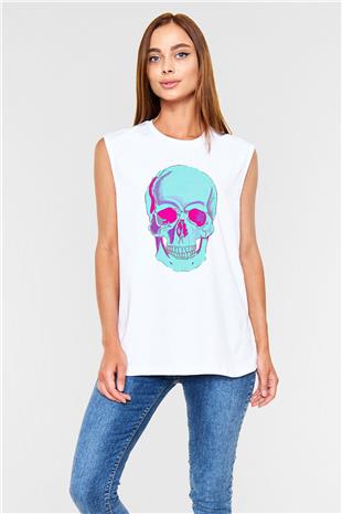 Halloween Baskılı Beyaz Unisex Kolsuz Tişört - Tshirt