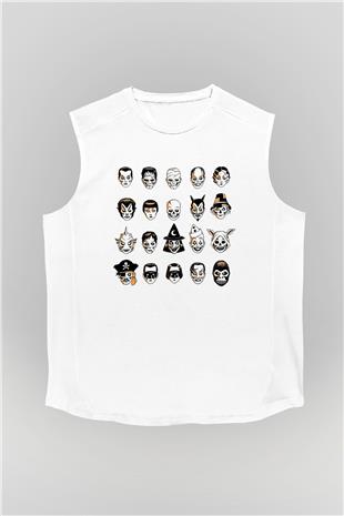 Halloween Baskılı Beyaz Unisex Kolsuz Tişört - Tshirt