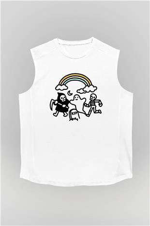 Halloween Baskılı Beyaz Unisex Kolsuz Tişört - Tshirt