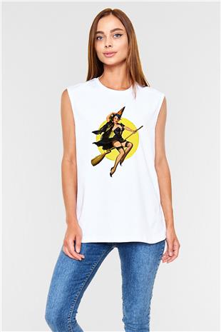 Halloween Baskılı Beyaz Unisex Kolsuz Tişört - Tshirt