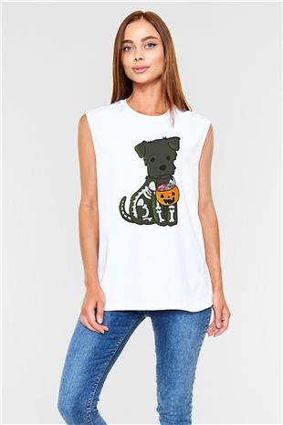 Halloween Baskılı Beyaz Unisex Kolsuz Tişört - Tshirt