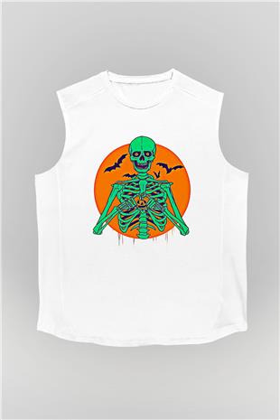 Halloween Baskılı Beyaz Unisex Kolsuz Tişört - Tshirt