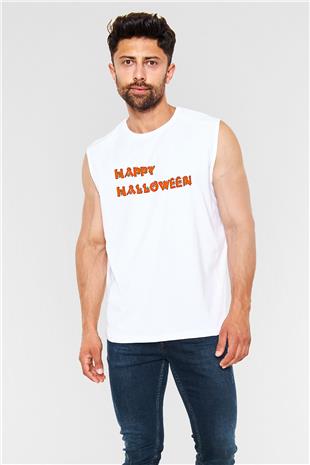Halloween Baskılı Beyaz Unisex Kolsuz Tişört - Tshirt