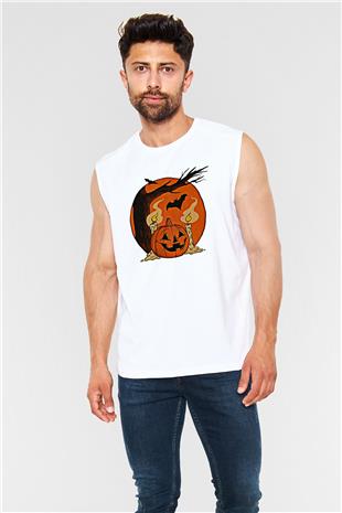 Halloween Baskılı Beyaz Unisex Kolsuz Tişört - Tshirt