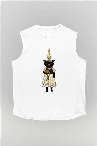 Halloween Baskılı Beyaz Unisex Kolsuz Tişört - Tshirt