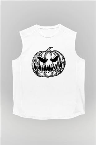 Halloween Baskılı Beyaz Unisex Kolsuz Tişört - Tshirt