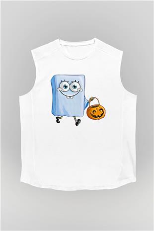 Halloween Baskılı Beyaz Unisex Kolsuz Tişört - Tshirt