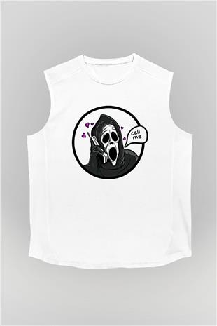 Halloween Baskılı Beyaz Unisex Kolsuz Tişört - Tshirt