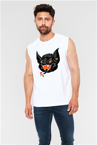Halloween Baskılı Beyaz Unisex Kolsuz Tişört - Tshirt