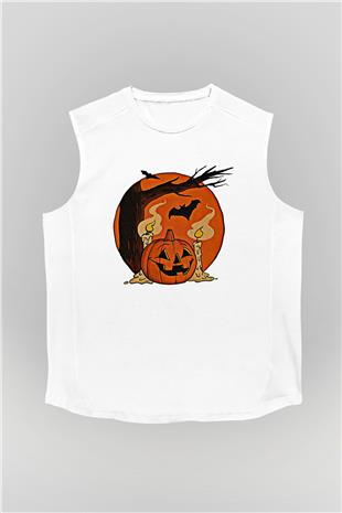 Halloween Baskılı Beyaz Unisex Kolsuz Tişört - Tshirt