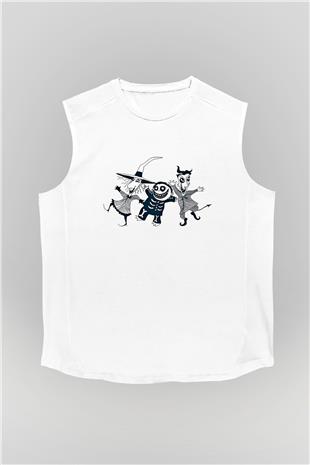 Halloween Baskılı Beyaz Unisex Kolsuz Tişört - Tshirt