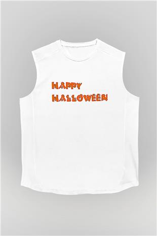 Halloween Baskılı Beyaz Unisex Kolsuz Tişört - Tshirt