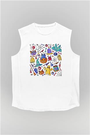 Halloween Baskılı Beyaz Unisex Kolsuz Tişört - Tshirt