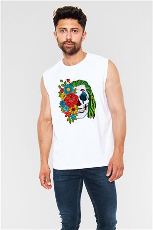 Halloween Baskılı Beyaz Unisex Kolsuz Tişört - Tshirt