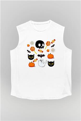 Halloween Baskılı Beyaz Unisex Kolsuz Tişört - Tshirt