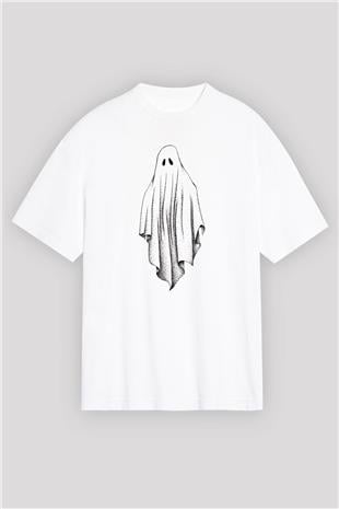 Halloween Baskılı Beyaz Unisex Oversize Tişört - Tshirt