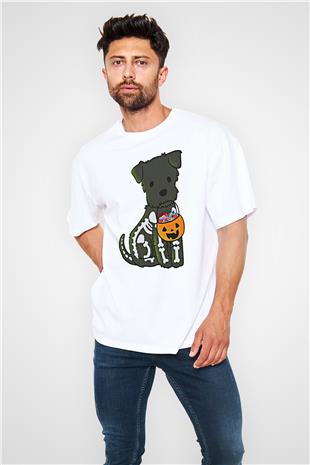 Halloween Baskılı Beyaz Unisex Oversize Tişört - Tshirt