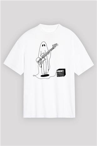Halloween Baskılı Beyaz Unisex Oversize Tişört - Tshirt
