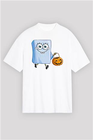 Halloween Baskılı Beyaz Unisex Oversize Tişört - Tshirt