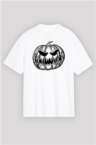 Halloween Baskılı Beyaz Unisex Oversize Tişört - Tshirt