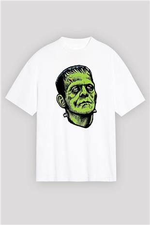 Halloween Baskılı Beyaz Unisex Oversize Tişört - Tshirt