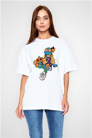 Halloween Baskılı Beyaz Unisex Oversize Tişört - Tshirt