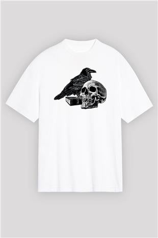 Halloween Baskılı Beyaz Unisex Oversize Tişört - Tshirt