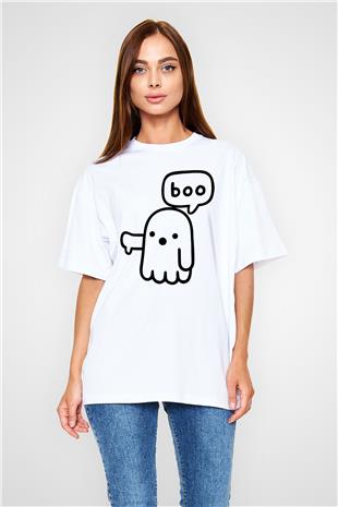 Halloween Baskılı Beyaz Unisex Oversize Tişört - Tshirt