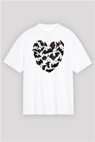 Halloween Baskılı Beyaz Unisex Oversize Tişört - Tshirt